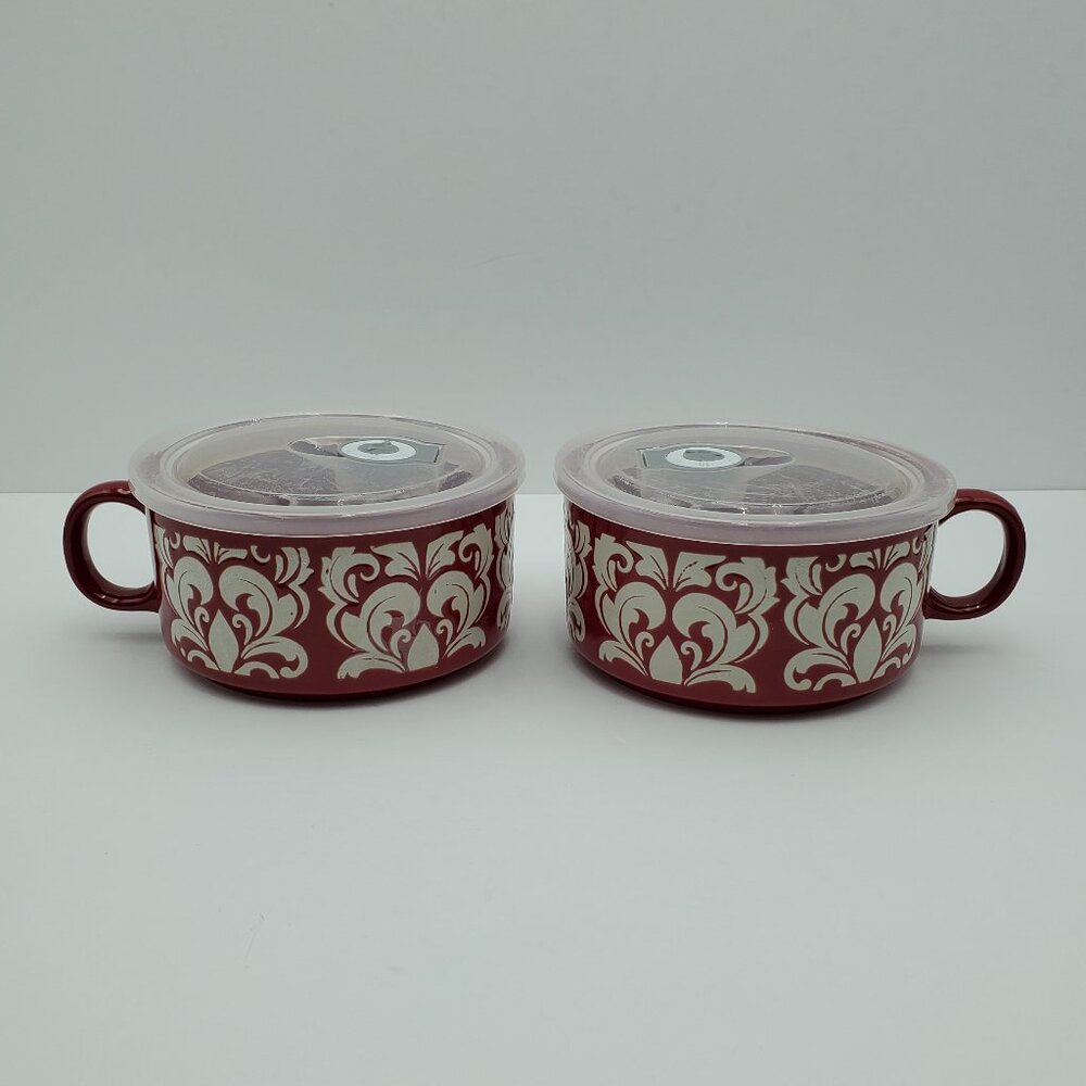 Cook's Essentials Red Soup Mugs Etched White on Red Chili Chowder Bowls